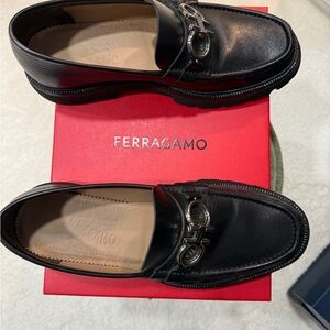 Salvatore Ferragamo Black Leather Loafers with Silver Accents